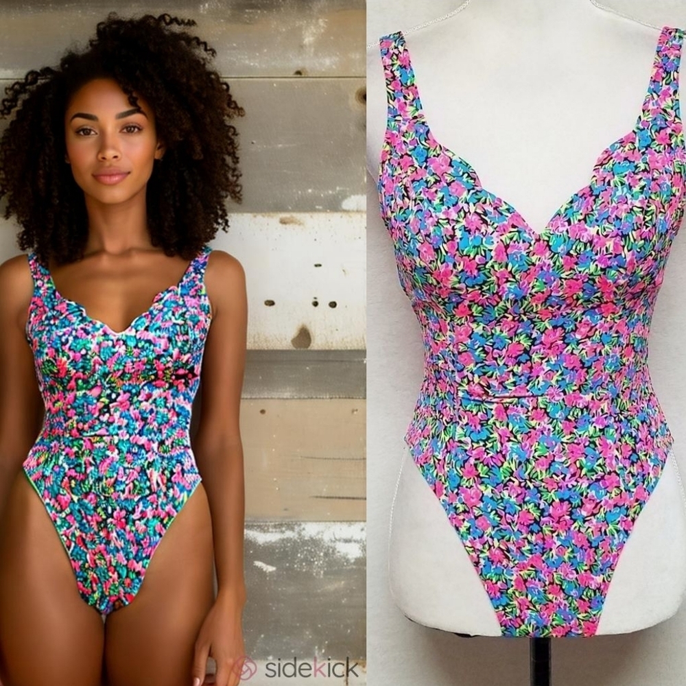 Sassafras Vintage Neon Floral Scalloped Sweetheart Neckline One-piece Swimsu